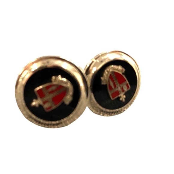 Vtg Silvertone, Black & Red Round Cufflinks With Center Shield Design-Exquisite - Picture 2 of 3